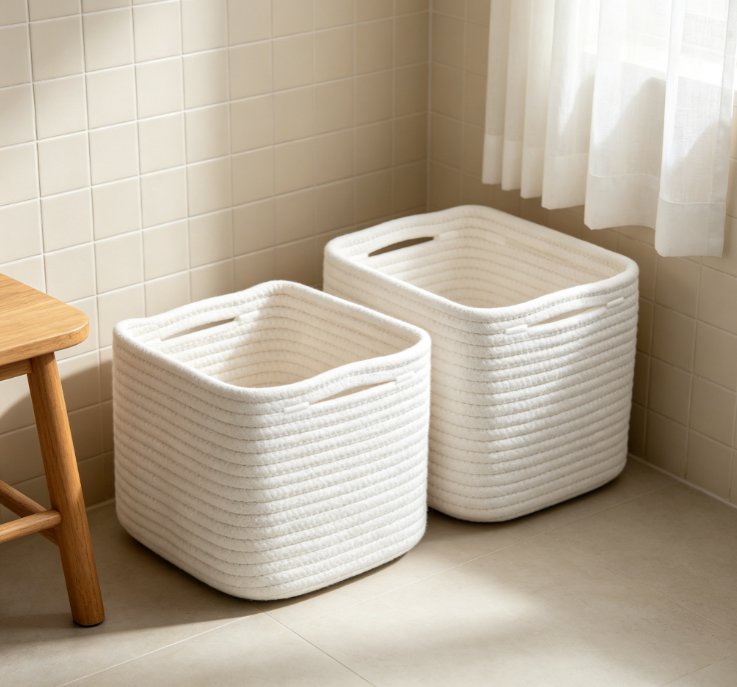 Off-White Woven Cotton Rope Storage Bin – Household Organizer with Cut-out Handles - Image 2
