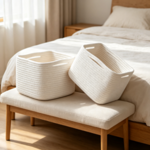 Off-White Woven Cotton Rope Storage Bin – Household Organizer with Cut-out Handles