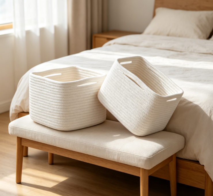 Off-White Woven Cotton Rope Storage Bin – Household Organizer with Cut-out Handles