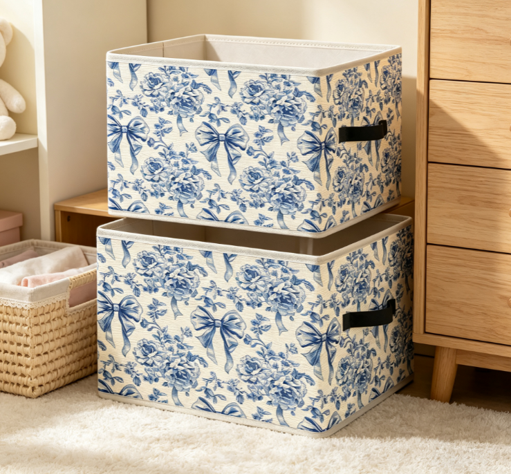 Blue Rose & Bow-Print Cotton-Linen Laundry Basket – Open-Top Fabric Storage Bin - Image 2