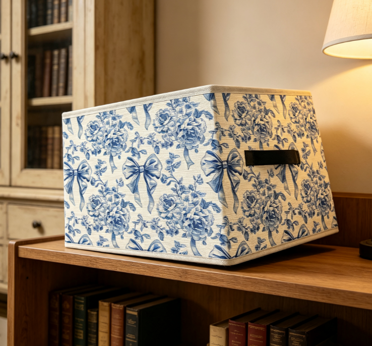 Blue Rose & Bow-Print Cotton-Linen Laundry Basket – Open-Top Fabric Storage Bin