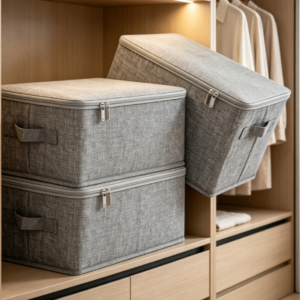 Grey Zippered Cotton-Linen Storage Bin – Stackable, Dustproof Fabric Organizer