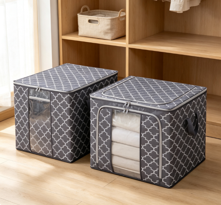 Storage Bin in Cotton-Linen Blend with Geometric Print on a Grey Background – Featuring a Transparent Window and Zipper Closure - Image 2