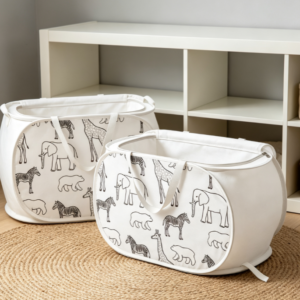 Cartoon Animal-Illustrated Cotton-Linen Laundry Basket – Oval Fabric Hamper