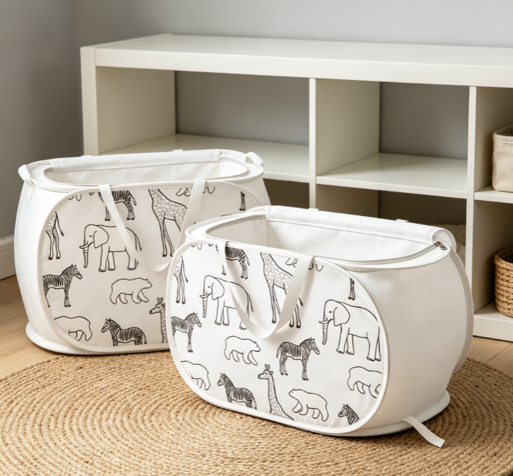 Cartoon Animal-Illustrated Cotton-Linen Laundry Basket – Oval Fabric Hamper