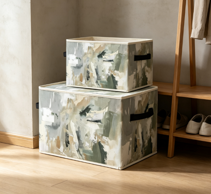 Artistic Oil-Painting Style Cotton-Linen Laundry Basket – Open-Top Square Fabric Bin - Image 2