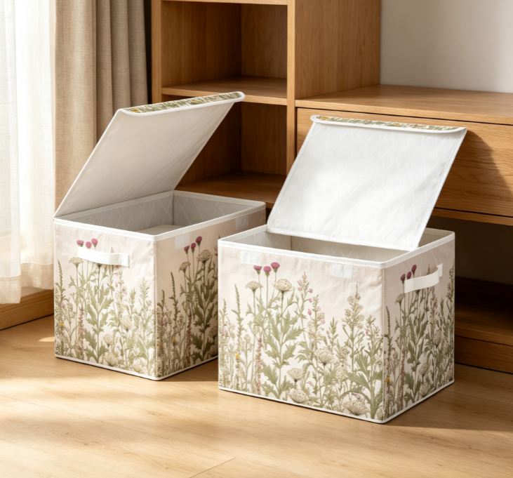 Vintage Botanical-Print Cotton-Linen Laundry Hamper with Flap – Fabric Storage Basket - Image 2