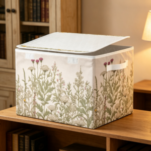Vintage Botanical-Print Cotton-Linen Laundry Hamper with Flap – Fabric Storage Basket