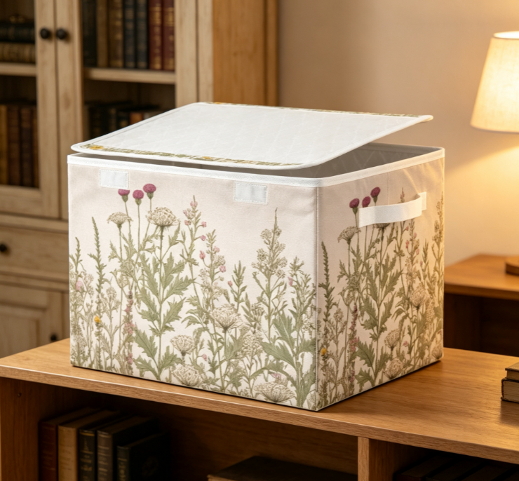 Vintage Botanical-Print Cotton-Linen Laundry Hamper with Flap – Fabric Storage Basket