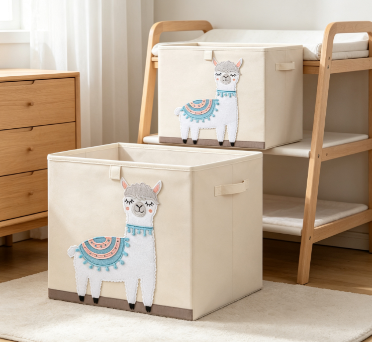 3D Appliqué Alpaca Cotton-Linen Laundry Basket – Fabric Storage for Kids' Rooms - Image 2