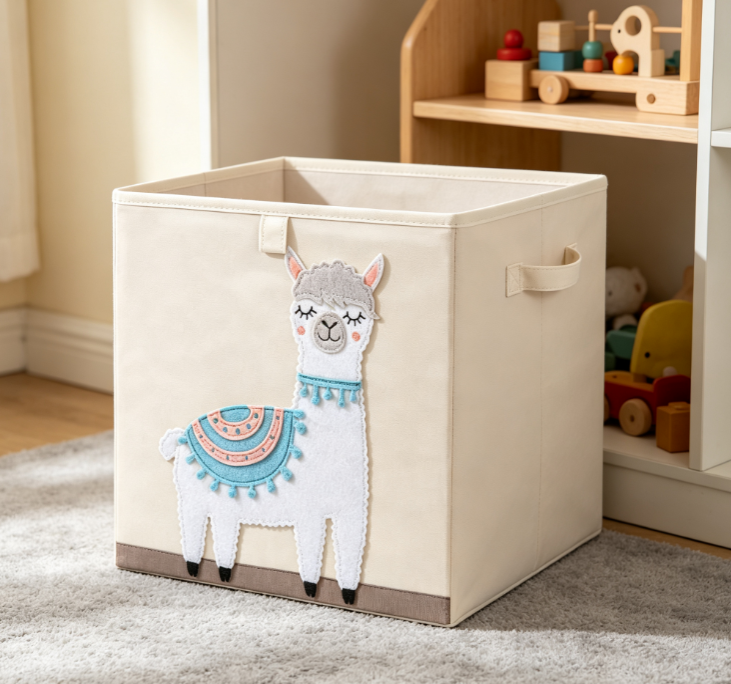 3D Appliqué Alpaca Cotton-Linen Laundry Basket – Fabric Storage for Kids' Rooms