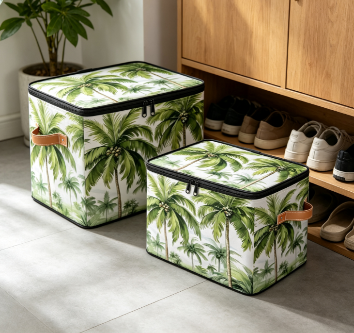Tropical Palm-Print Cotton-Linen Laundry Hamper with Zipper and Lid - Image 2