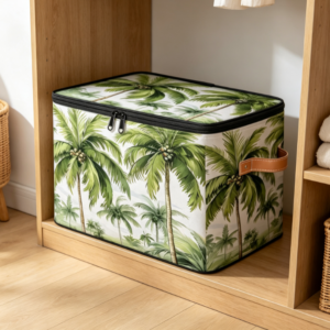 Tropical Palm-Print Cotton-Linen Laundry Hamper with Zipper and Lid