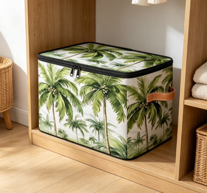 Tropical Palm-Print Cotton-Linen Laundry Hamper with Zipper and Lid