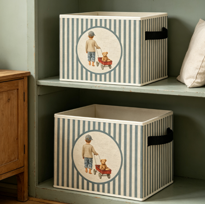 Vintage-Style Blue-and-White Striped Cotton-Linen Laundry Hamper with Lid - Image 2
