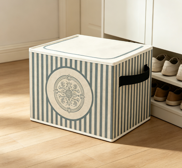 Vintage-Style Blue-and-White Striped Cotton-Linen Laundry Hamper with Lid
