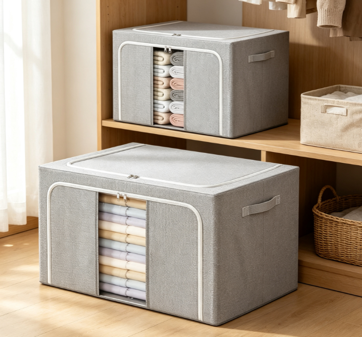 Gray Cotton-Linen Storage Bin with Viewing Window – Large-Capacity Organizer with Steel Frame Support - Image 2