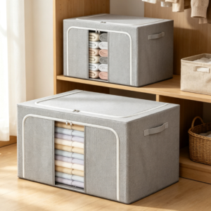 Gray Cotton-Linen Storage Bin with Viewing Window – Large-Capacity Organizer with Steel Frame Support
