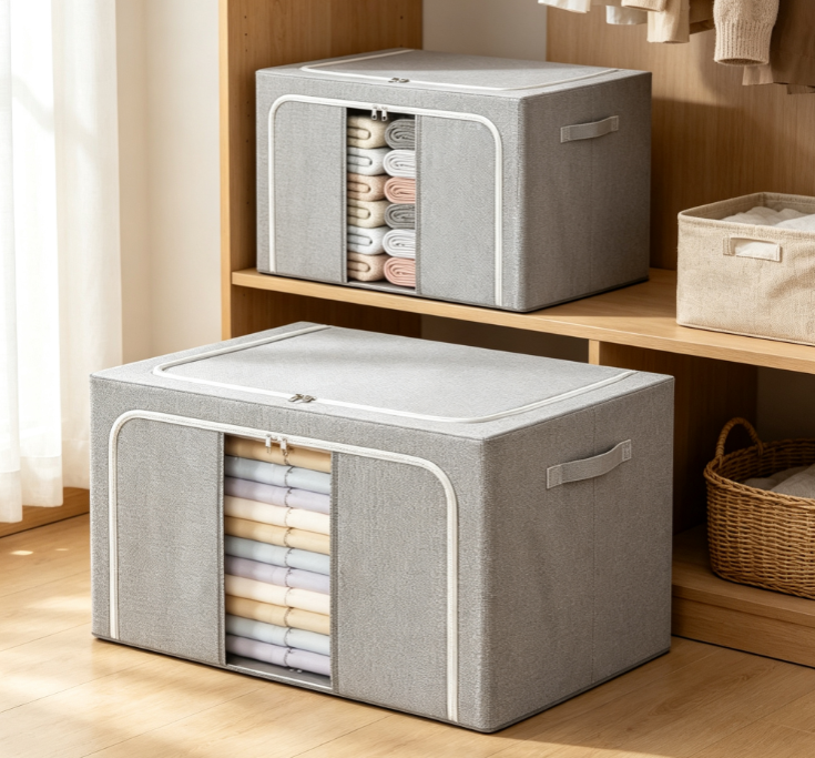 Gray Cotton-Linen Storage Bin with Viewing Window – Large-Capacity Organizer with Steel Frame Support