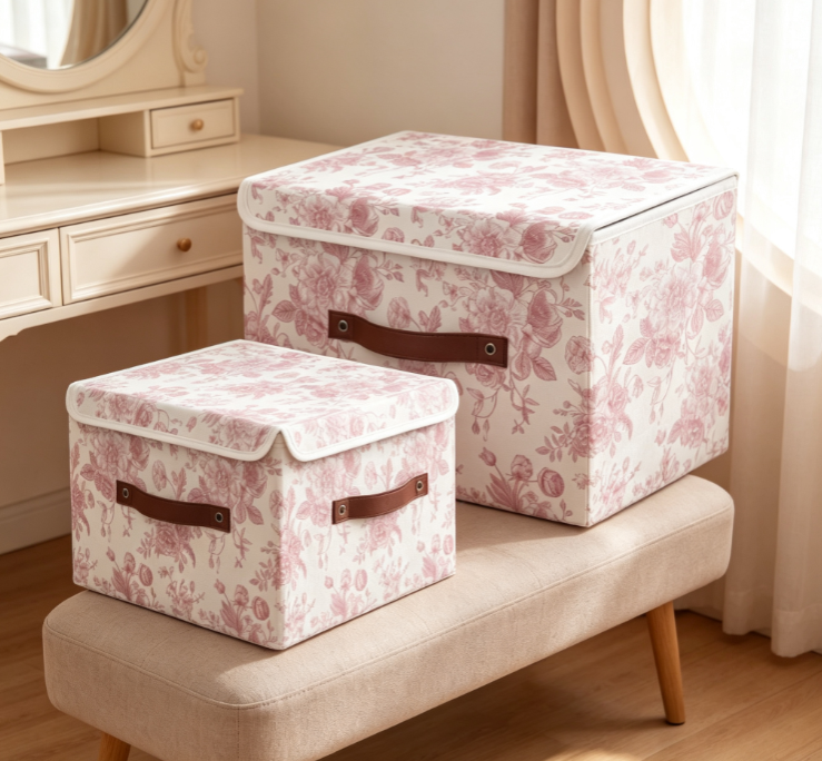 Vintage-Style Floral Cotton-Linen Laundry Hamper with Lid – Stackable Fabric Storage Basket - Image 2