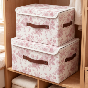 Vintage-Style Floral Cotton-Linen Laundry Hamper with Lid – Stackable Fabric Storage Basket