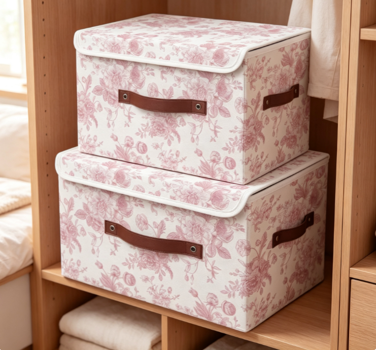 Vintage-Style Floral Cotton-Linen Laundry Hamper with Lid – Stackable Fabric Storage Basket
