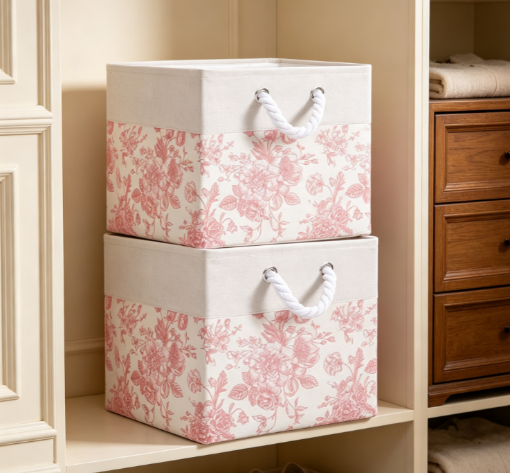 Color-Blocked Floral Storage Basket with Thick Rope Handles – Ideal for Laundry or Cube Shelving - Image 2