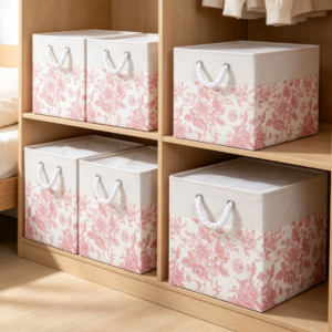 Color-Blocked Floral Storage Basket with Thick Rope Handles – Ideal for Laundry or Cube Shelving