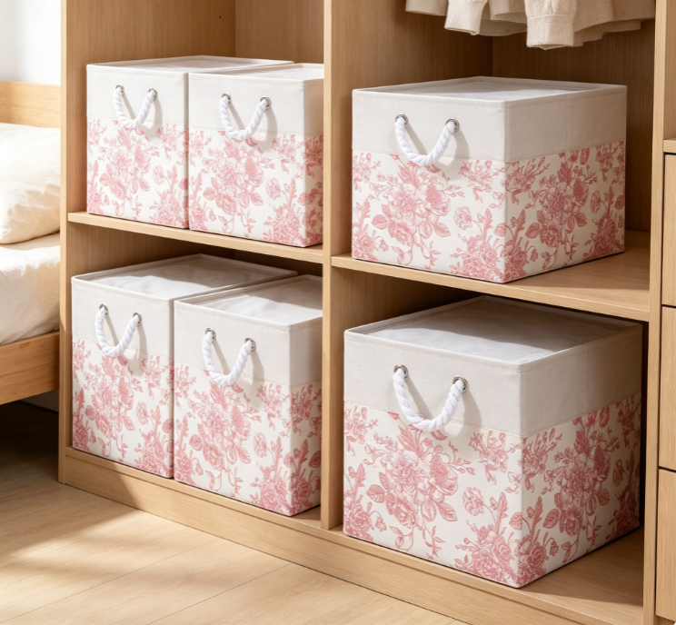 Color-Blocked Floral Storage Basket with Thick Rope Handles – Ideal for Laundry or Cube Shelving