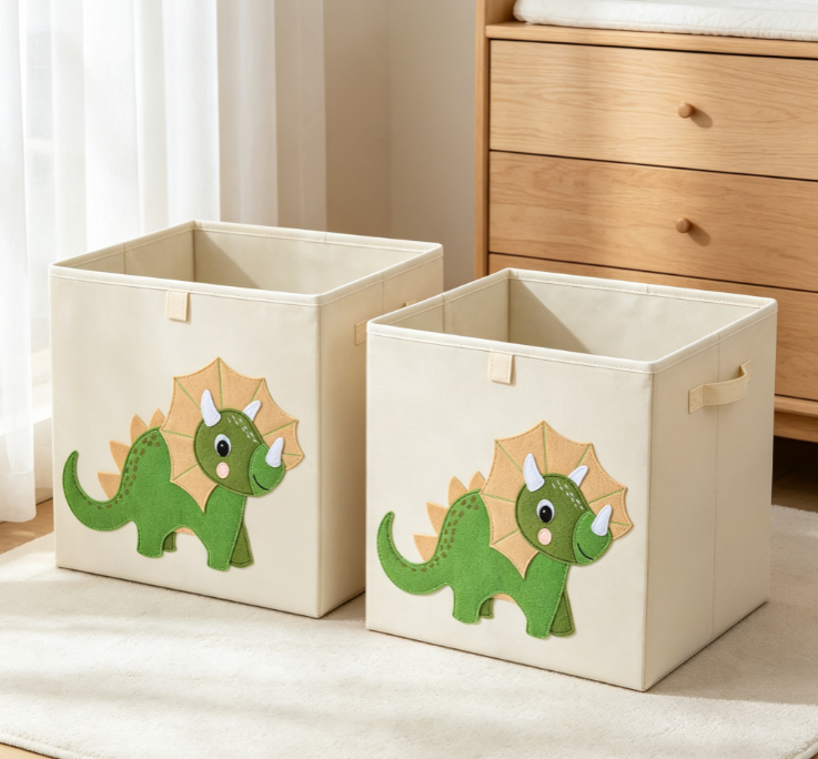 Triceratops 3D Appliqué Cotton-Linen Laundry Basket – Square Fabric Storage Bin for Kids - Image 2