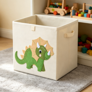 Triceratops 3D Appliqué Cotton-Linen Laundry Basket – Square Fabric Storage Bin for Kids