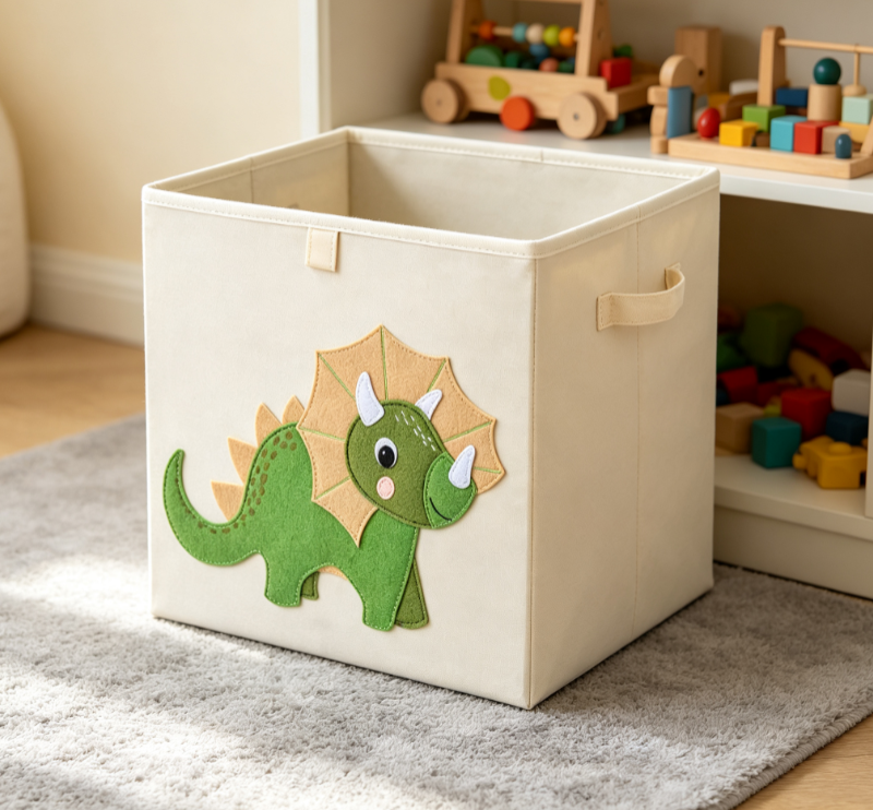 Triceratops 3D Appliqué Cotton-Linen Laundry Basket – Square Fabric Storage Bin for Kids