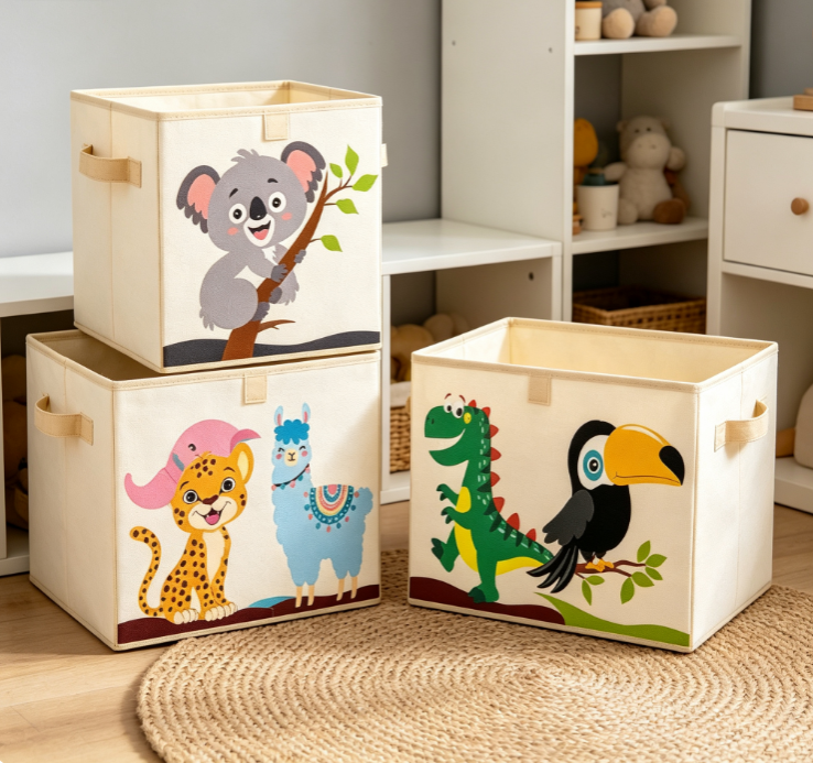 Cotton-Linen Laundry Baskets with Cartoon Animal Prints – Square Modular Storage Bins - Image 2