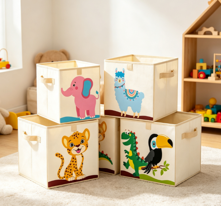 Cotton-Linen Laundry Baskets with Cartoon Animal Prints – Square Modular Storage Bins