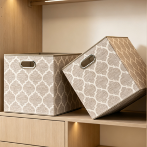 Geometric Diamond-Pattern Cotton-Linen Laundry Basket – Square Storage Basket with Metal Handles