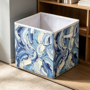 Blue-Toned Oil-Painting Texture Cotton-Linen Laundry Basket – Square, Lidless Fabric Storage Bin