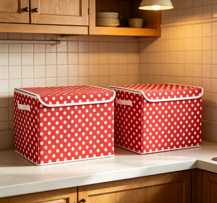 Red-and-White Polka-Dot Cotton-Linen Laundry Hamper with Zippered Lid – Large-Capacity Storage Basket - Image 2