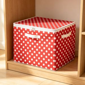 Red-and-White Polka-Dot Cotton-Linen Laundry Hamper with Zippered Lid – Large-Capacity Storage Basket