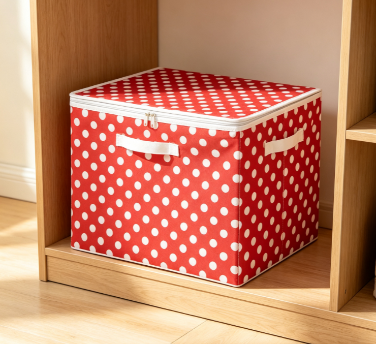 Red-and-White Polka-Dot Cotton-Linen Laundry Hamper with Zippered Lid – Large-Capacity Storage Basket