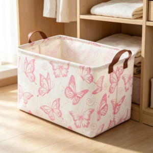 Rectangular Cotton-Linen Laundry Basket with Pink Butterfly Print and Faux-Leather Handles