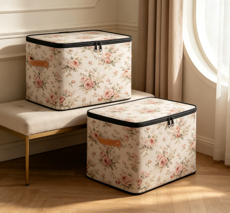 Vintage Floral-Print Cotton-Linen Laundry Basket with Zipper – Fabric Storage Basket - Image 2
