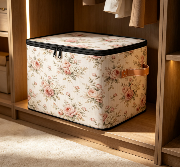 Vintage Floral-Print Cotton-Linen Laundry Basket with Zipper – Fabric Storage Basket