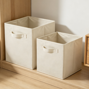 Beige Cotton-Linen Open-Top Storage Bin – Fabric Organizer for Closets and Shelving