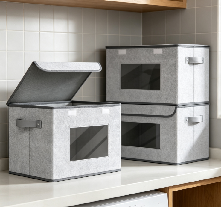 Gray Cotton-Linen Storage Bin with Flip-Top and Viewing Window – Stackable, Dustproof Fabric Organizer - Image 2