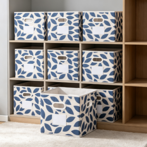 Square Cotton-Linen Laundry Basket with Blue Leaf Pattern – Fabric Storage Bin for Cube Shelving
