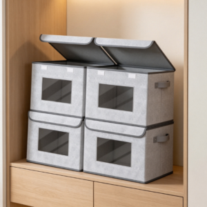 Gray Cotton-Linen Storage Bin with Flip-Top and Viewing Window – Stackable, Dustproof Fabric Organizer