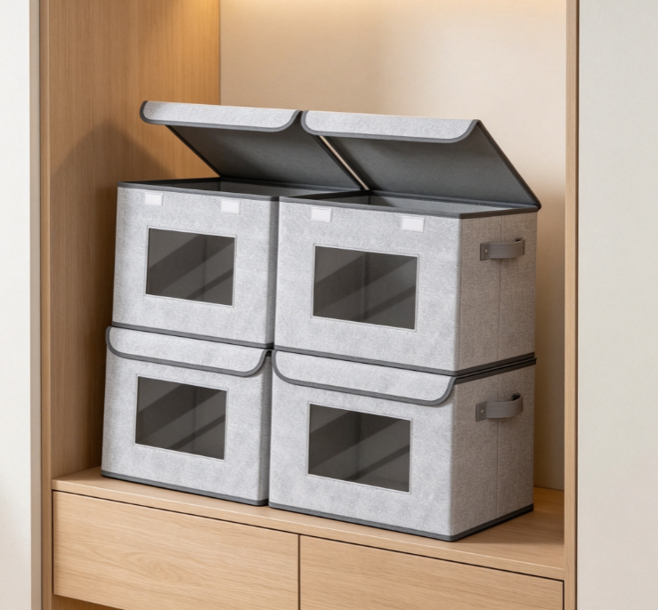 Gray Cotton-Linen Storage Bin with Flip-Top and Viewing Window – Stackable, Dustproof Fabric Organizer