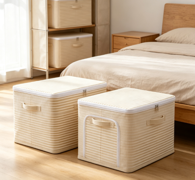 Light-Colored Striped Cotton-Linen Laundry Hamper with Dual Handles and Lid - Image 2