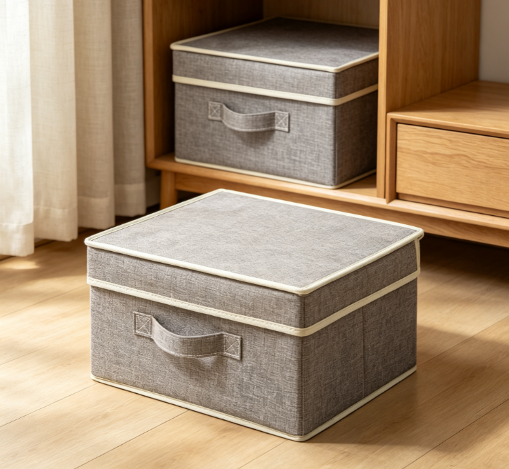 Light Green Trimmed Cotton-Linen Storage Bin with Lid – Fabric Organizer with Dual Handles - Image 2