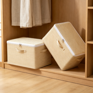 Light-Colored Striped Cotton-Linen Laundry Hamper with Dual Handles and Lid